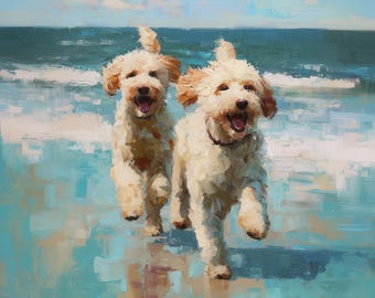 Two Goldendoodle Art Doodle Gift Dogs on Beach Print From an Original Impasto Oil Painting
