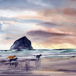Cannon Beach Painting Large Watercolor Print Oregon Coast Poster Haystack Rock Print Dog Beach