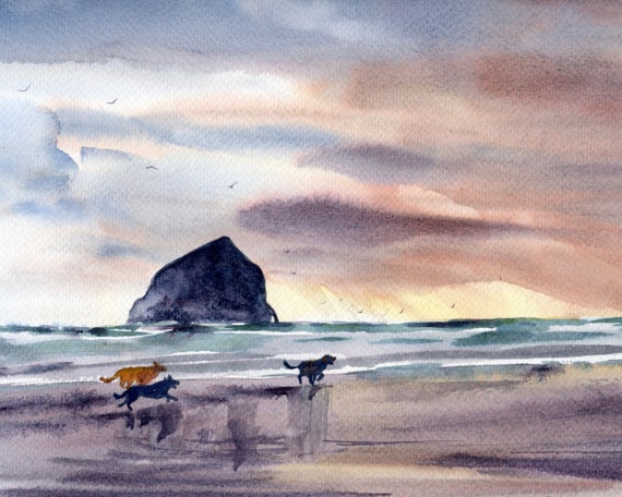 Cannon Beach Art Haystack Rock Oregon Coast Painting Print Watercolor