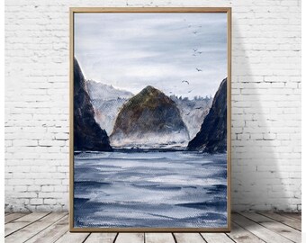 Cannon Beach Painting Large Watercolor Fine Art Print Oregon Coast Poster Haystack Rock Print Minimalist Painting Beach