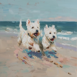 May include: An oil painting featuring two white West Highland White Terrier dogs running along a sandy beach. The dogs have textured fur, open mouths, and dark collars. The background shows a blue ocean and a soft, light-colored sky.