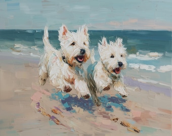 Westie Dog Art Two West Highland Terriers on Beach Print From an Original Impasto Oil Painting