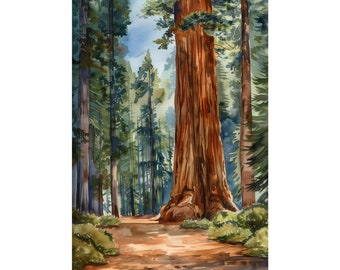 Sequoia Tree Painting California Forest Art Sequoia National Park Poster California Landscape Watercolor Painting Print