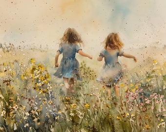 Sisters in Field Painting Girls Wildflower Art Meadow Watercolor Painting Print