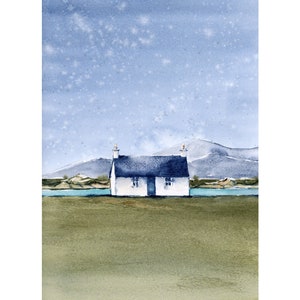 May include: A watercolor painting of a white cottage with a blue roof and a blue door. The cottage is set against a backdrop of a blue sky with white clouds and a mountain range in the distance.