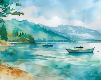 Lake Tahoe Painting Mountain Lake Wall Art Lake Boat Painting Print Watercolor