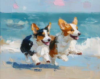 May include: An oil painting depicting two Corgi dogs running along a sandy beach near the ocean. One dog is black, white, and tan, while the other is tan and white. Both dogs have open mouths and are positioned against a blue sea background.