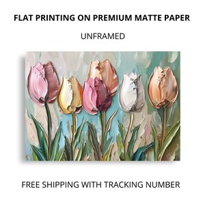 May include: A painting of a bouquet of six colorful tulips with a textured, painterly style. The tulips are in shades of pink, white, peach, and yellow. The background is a soft blue and beige.