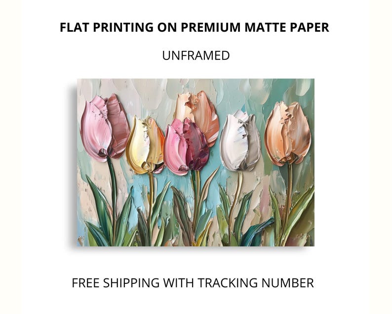 May include: A painting of a bouquet of six colorful tulips with a textured, painterly style. The tulips are in shades of pink, white, peach, and yellow. The background is a soft blue and beige.