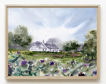 May include: Watercolor painting of a white cottage with a gray roof, set in a field of purple flowers and green grass. The artwork is framed in a light wood frame, with a soft blue sky and trees in the background.