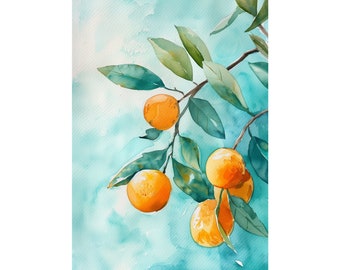 Kumquat Art Orange on Branch Painting Print Watercolor