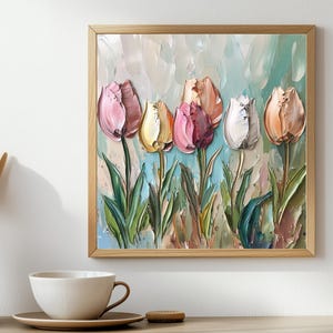 May include: A painting of a bouquet of five tulips in shades of pink, white, and yellow. The tulips are painted in a thick, textured style, and the background is a soft blue and green.