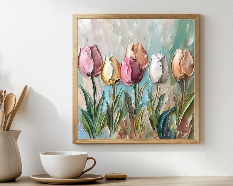 May include: A painting of a bouquet of five tulips in shades of pink, white, and yellow. The tulips are painted in a thick, textured style, and the background is a soft blue and green.