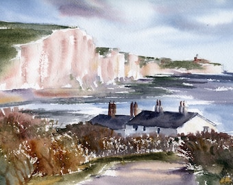 Seven Sisters Cliffs Painting Beachy Head Art PRINT Seven Sisters Cliffs Wall Art Sussex England Watercolor