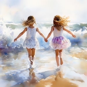 Two Sisters Run on the Beach Art Print Girls Running on the Beach Painting Watercolor Coast Ocean Wall Art