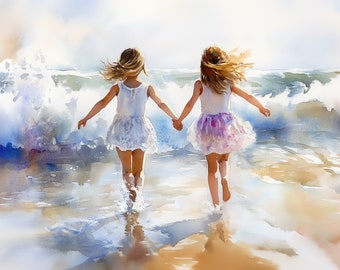 May include: A watercolor painting of two children with long blonde hair running through ocean waves while holding hands. They are wearing white sleeveless dresses, with one dress featuring a soft purple and pink floral pattern on the skirt.