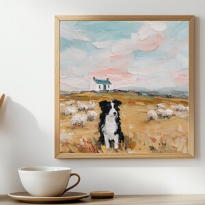 May include: An oil painting in a wooden frame depicting a black and white Border Collie sitting in a golden field with a flock of sheep. In the background, a small white house sits under a soft sky with light blue and pale pink clouds.