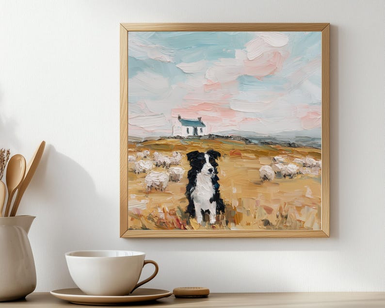 May include: An oil painting in a wooden frame depicting a black and white Border Collie sitting in a golden field with a flock of sheep. In the background, a small white house sits under a soft sky with light blue and pale pink clouds.