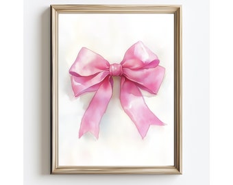 May include: A watercolor painting of a pink satin bow. The bow is tied in a knot and the ends of the ribbon are flowing down.