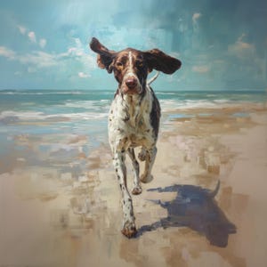 May include: An oil painting of a dog running on a beach. The dog is brown and white with floppy ears, and is running towards the viewer. The background shows the ocean and a blue sky with clouds.