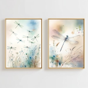 Dragonfly Meadow Art Dragonfly Print Neutral Wildflowers Watercolor Painting Set of 2 Prints