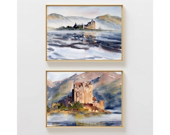 Eilean Donan & Kilchurn Castle Art Scottish Landscape Watercolor Painting Set 2 Prints