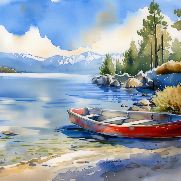 Lake Tahoe Art Mountain Lake Print California Landscape Large Fine Art Lake Rocky Shores Painting Print Watercolor