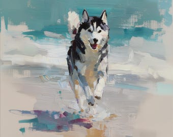 Może przedstawiać: Obraz olejny przedstawiający czarno-białego husky syberyjskiego biegnącego po piaszczystej plaży. Pies ma gęstą sierść, spiczaste uszy i otwarty pysk. Tło tworzą teksturowane pociągnięcia pędzla przedstawiające turkusowe fale oceanu i jasny piasek.
