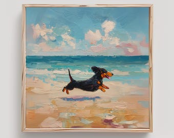 Dachshund Beach Print: Black and Tan Dog Impasto Oil Painting