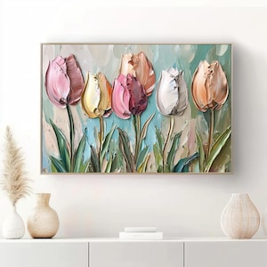 May include: A painting of six colorful tulips with a textured, painterly style. The tulips are arranged in a row, with their stems and leaves extending out from the center. The background is a soft, muted blue.