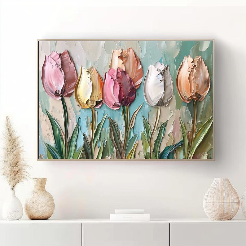 May include: A painting of six colorful tulips with a textured, painterly style. The tulips are arranged in a row, with their stems and leaves extending out from the center. The background is a soft, muted blue.