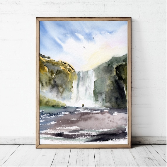 Skogafoss Iceland Watercolor Print Icelandic Waterfall Painting
