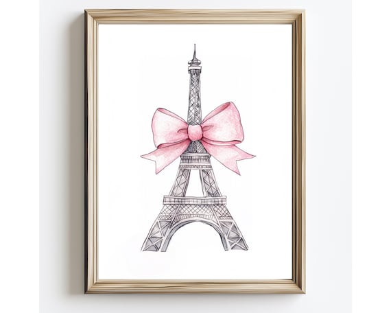 Eiffel Tower Art Pink Bow Paris Painting Print Watercolor