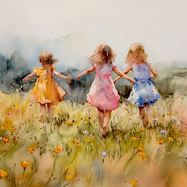 Sisters in Meadow Art Wildflower Watercolor Painting Print