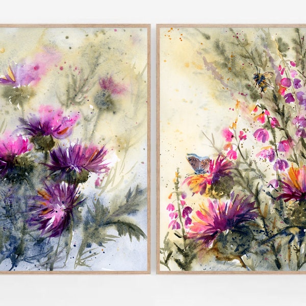 Scottish Thistle Painting Scotland Fine Art Large PRINT Scottish Floral Watercolor Painting Set of 2 Prints