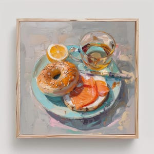 Bagel and Lox Painting Salmon Bagel Wall Art Foodie Painting Print From an Original Impasto Oil Painting