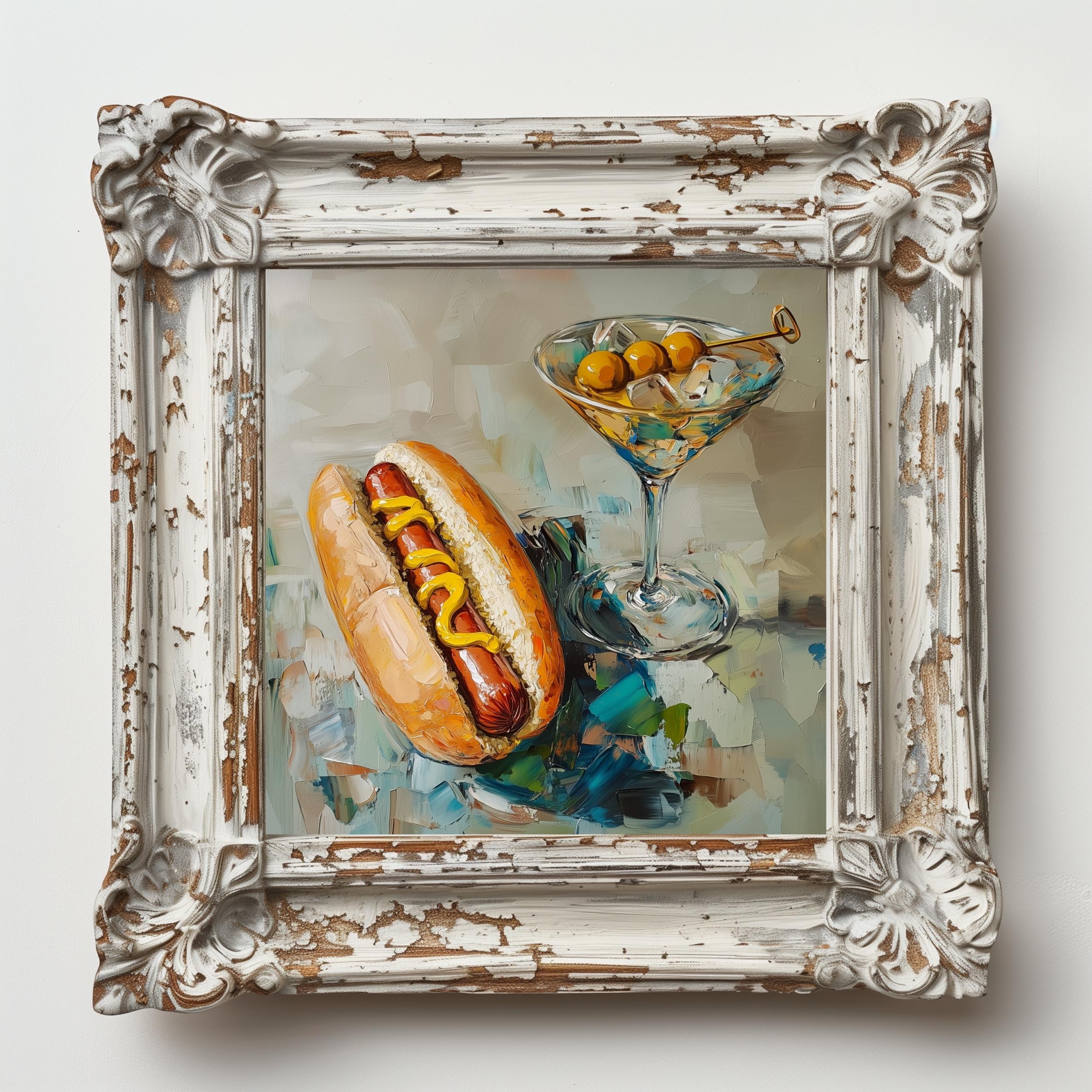 Painting Dog Hot dog hot 絵画 Cocktail Oil Impasto Original an From Print 絵画