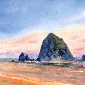 Cannon Beach Art Large Print Oregon Coast Poster Haystack Rock Print Watercolor