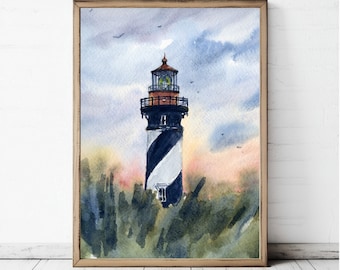 St Augustine Lighthouse Art Florida Coastal Painting Print Watercolor