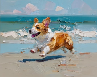 May include: An oil painting featuring a brown and white Corgi dog running across a sandy beach. The dog has a happy expression with its mouth open. In the background, turquoise ocean waves roll onto the shore under a pale blue sky with clouds.