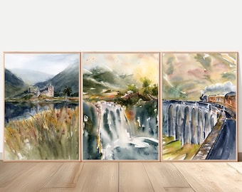 May include: Three watercolor paintings depicting Scottish landscapes. The first painting shows a castle in the distance with a lake in the foreground. The second painting shows a waterfall cascading down a rocky cliff. The third painting shows a train crossing a stone bridge.