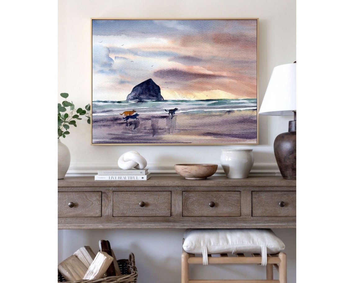 Cannon Beach Painting Large Watercolor Print Oregon Coast Etsy