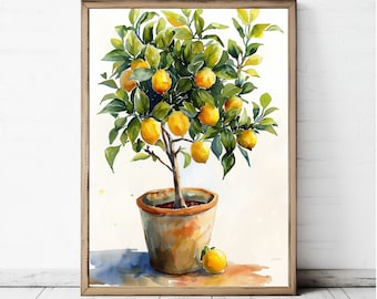 Lemon Tree Watercolor Print: Vintage Style Fruit Tree Wall Art