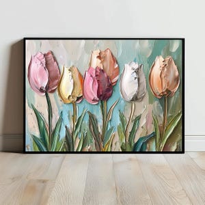 May include: A painting of a bouquet of tulips in various shades of pink, white, and yellow. The tulips are painted in a realistic style with thick brushstrokes, giving the painting a textured look.