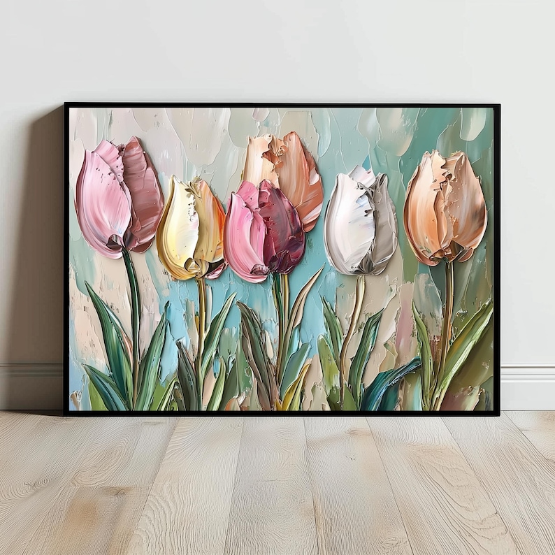 May include: A painting of a bouquet of tulips in various shades of pink, white, and yellow. The tulips are painted in a realistic style with thick brushstrokes, giving the painting a textured look.
