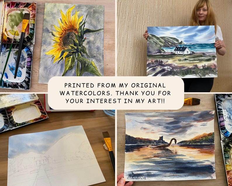 May include: A collection of watercolor paintings featuring a vibrant sunflower, a coastal landscape with a white house, and a serene lake scene with a castle. The text reads: "PRINTED FROM MY ORIGINAL WATERCOLORS. THANK YOU FOR YOUR INTEREST IN MY ART!!"