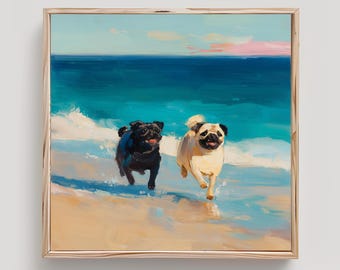 May include: A square framed oil painting depicting a black pug and a fawn pug running together on a sandy beach. The background features a vibrant turquoise ocean with white crashing waves under a soft pink and blue sky at sunset or sunrise.