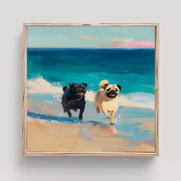 Couple Pugs Art Pug on Beach Print From an Original Impasto Oil Painting