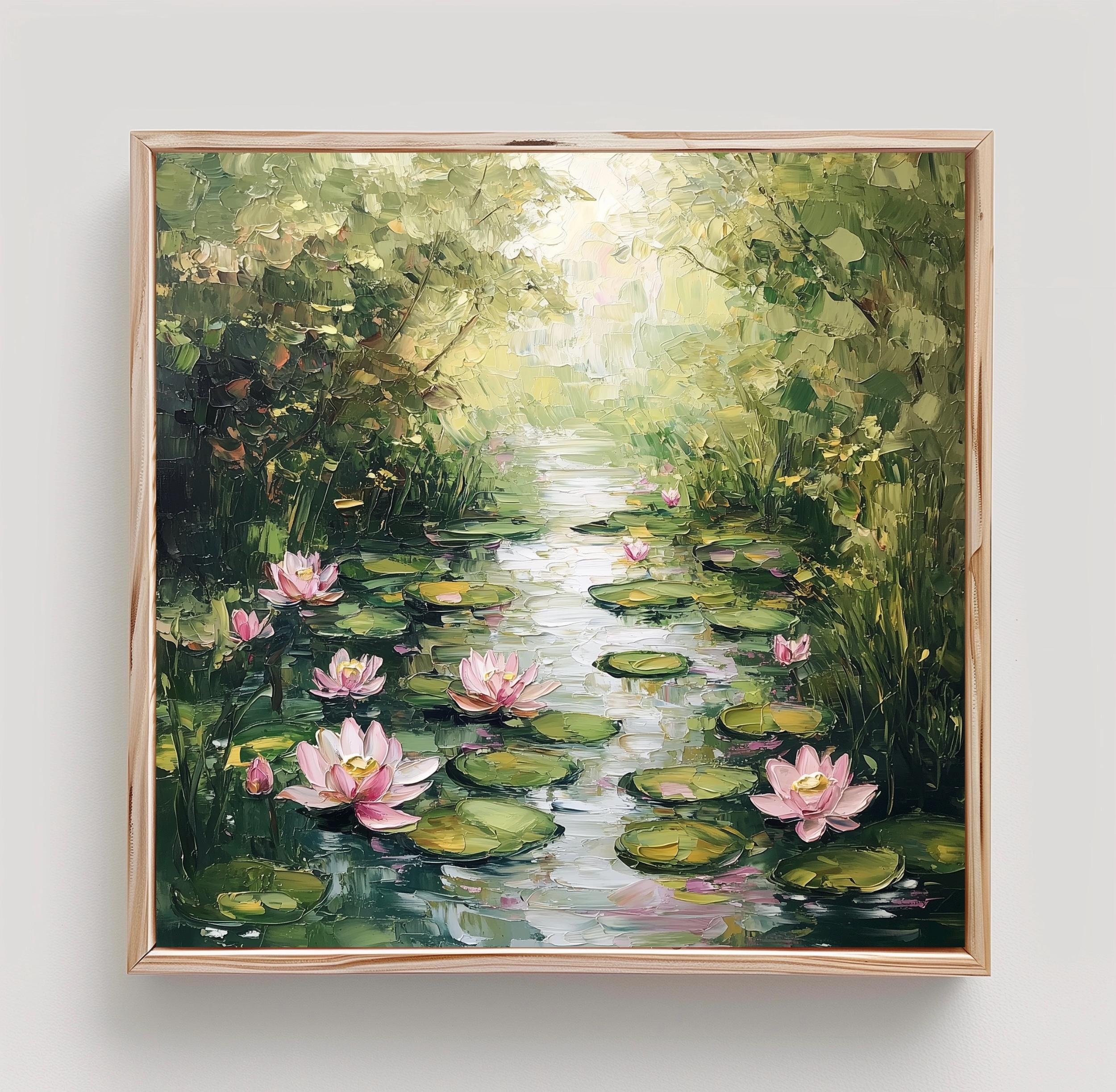 Water Lilies Art Lillies Pond Wall Art Pink Lotus Painting Print From an Original Impasto Oil Painting