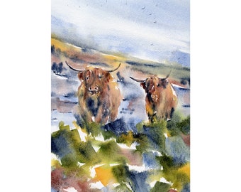 May include: Watercolor painting of two Highland cows in a grassy field. The cows have long, shaggy brown fur and large horns. The background features a hillside and a cloudy sky, with a palette of blues, greens, and browns.